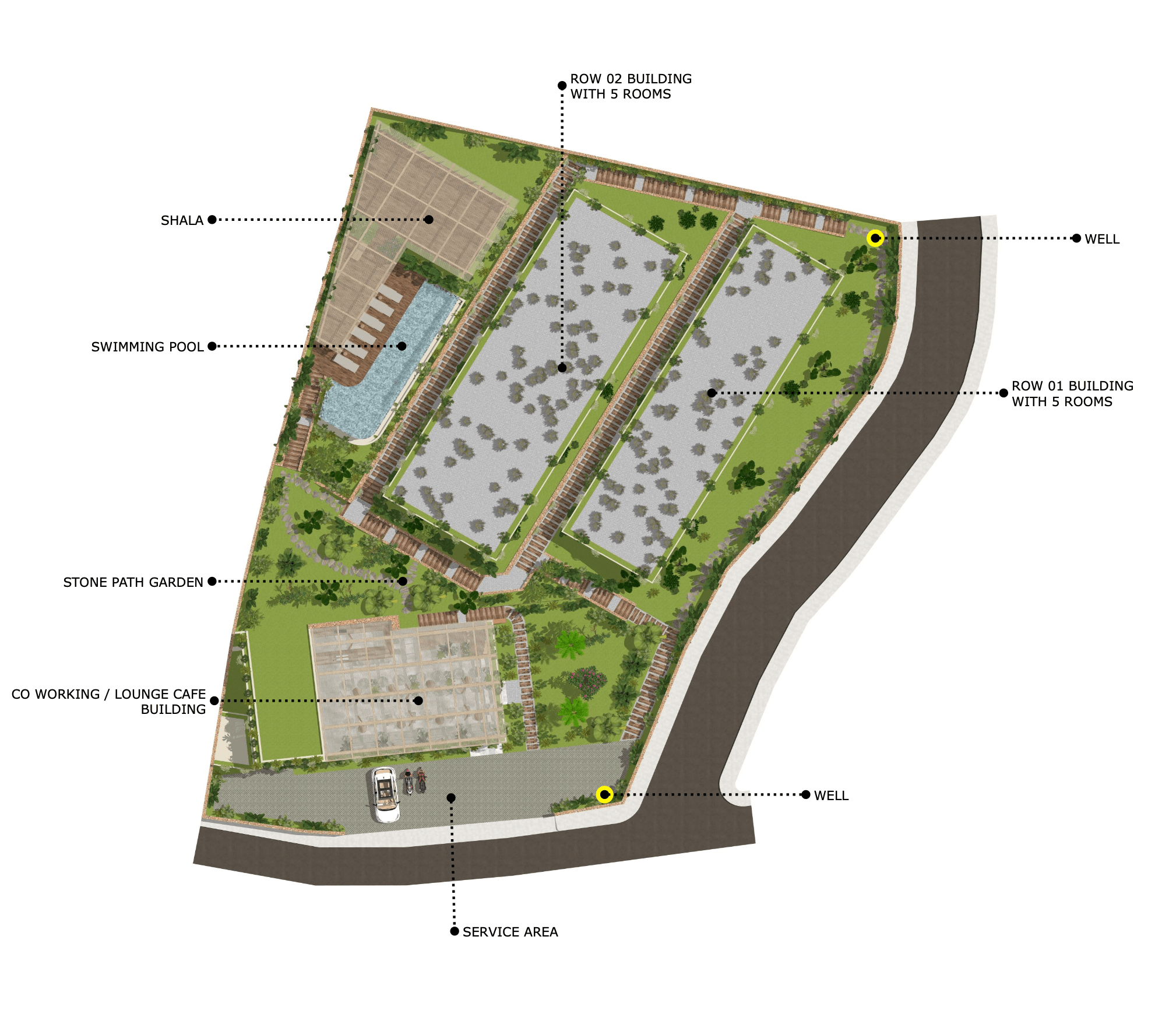 Aerial masterplan of the Nomio site showing rooms, pool, coworking and shala