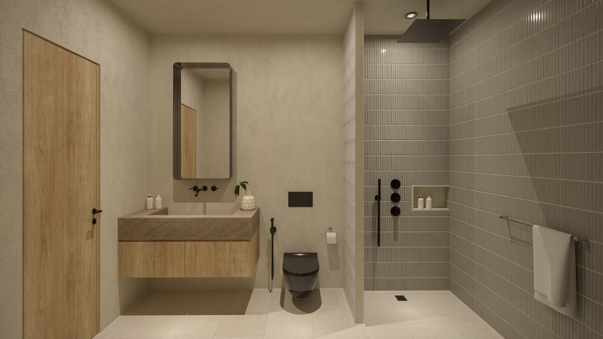 Bathroom with oak vanity, ceramic tiles and rain shower