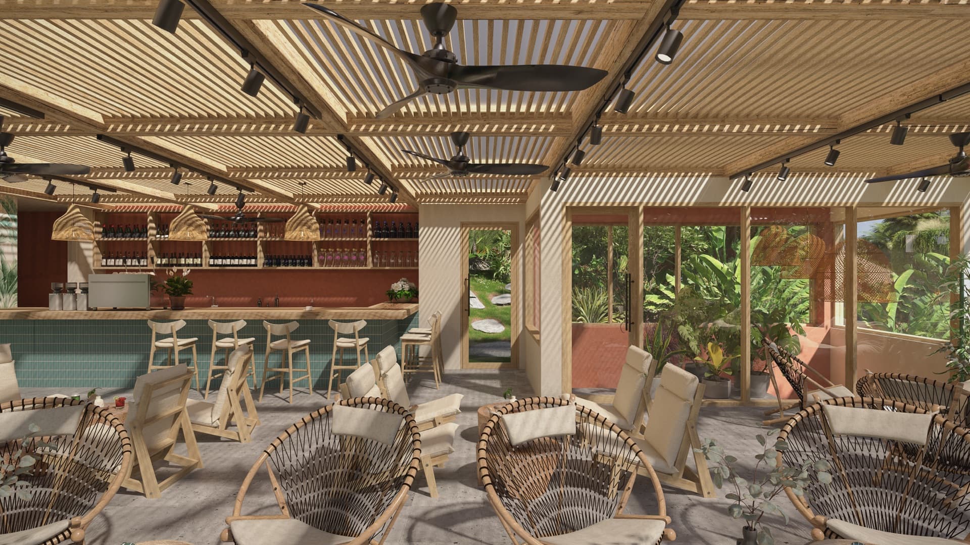 Lounge with rattan armchairs and shared seating