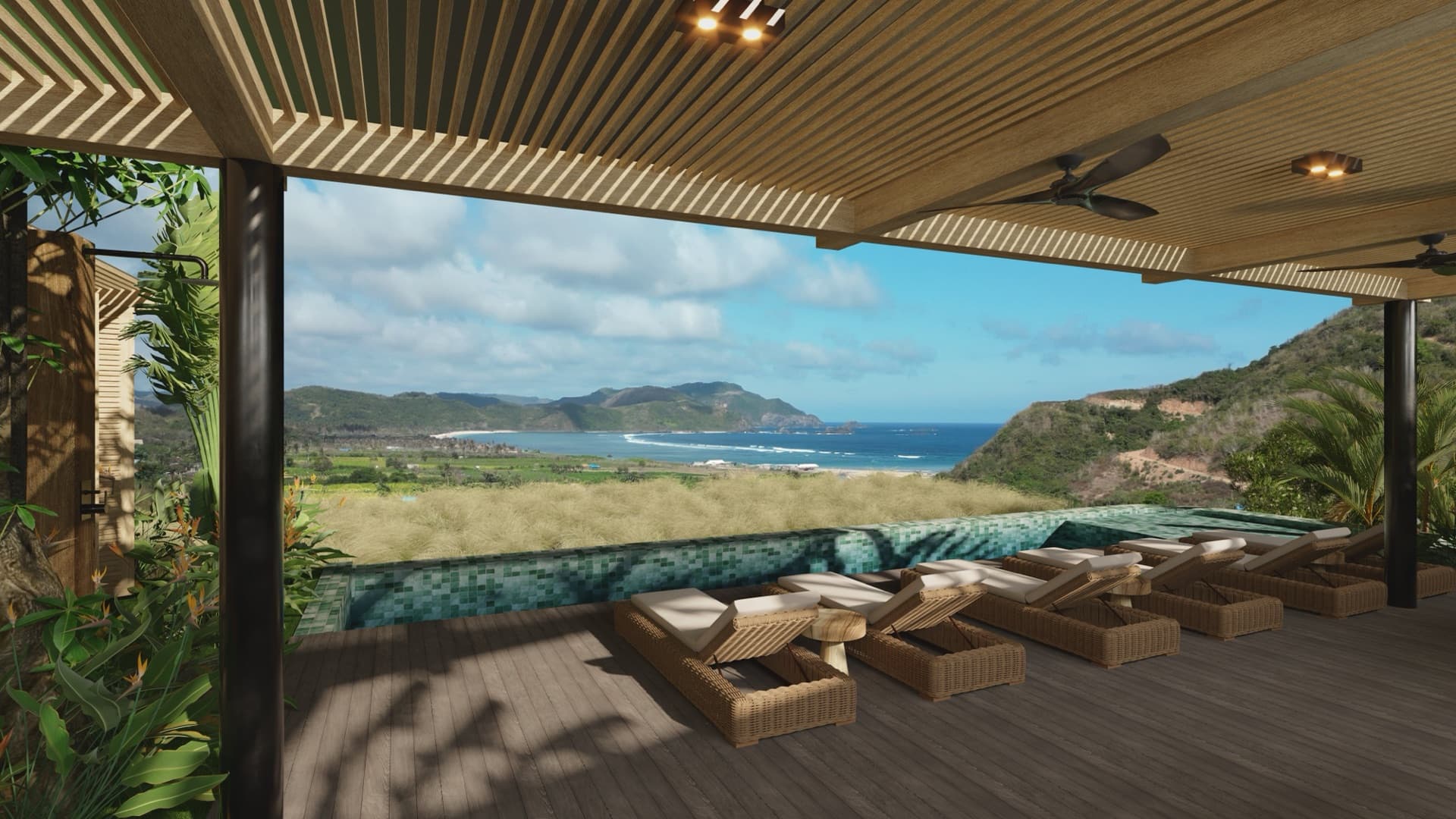 Infinity pool deck with panoramic view over Lancing Bay