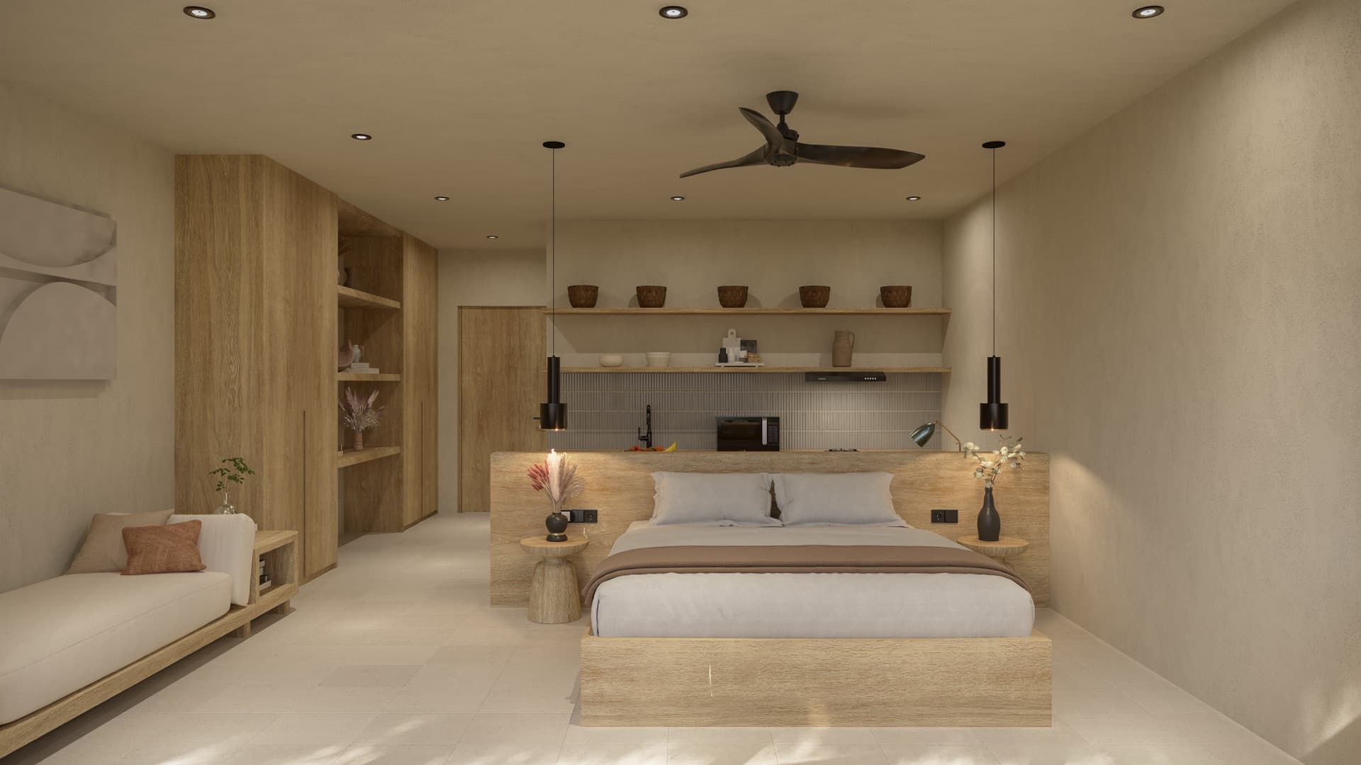 Room interior with king-size bed, wooden headboard and ceiling fan