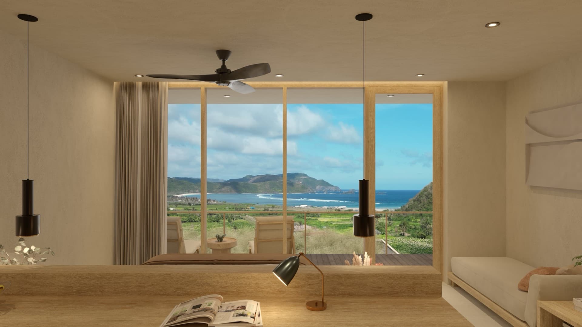 Studio with floor-to-ceiling window opening onto sea view